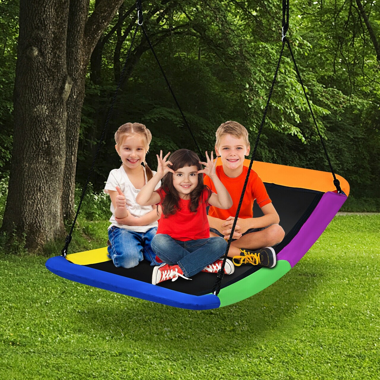 Kids Outdoor Swing with Oxford Fabric and Steel Frame Adjustable Rope Foam Padding for Safety